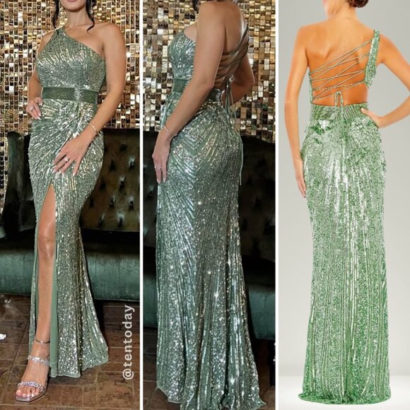 Mac Duggal 5687 Size 16 Sage Green One Shoulder Corset Back Long Maxi Gown Dress - Picture 1 of 7